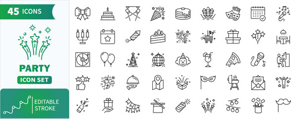 Party celebrations line icon set . Collection of depicting various party and celebration themes .editable stroke © Dopix