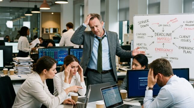 Stressed team leader discussing missed deadline crisis with employees at whiteboard showing project failures. Business crisis management, workplace stress, emergency response planning.