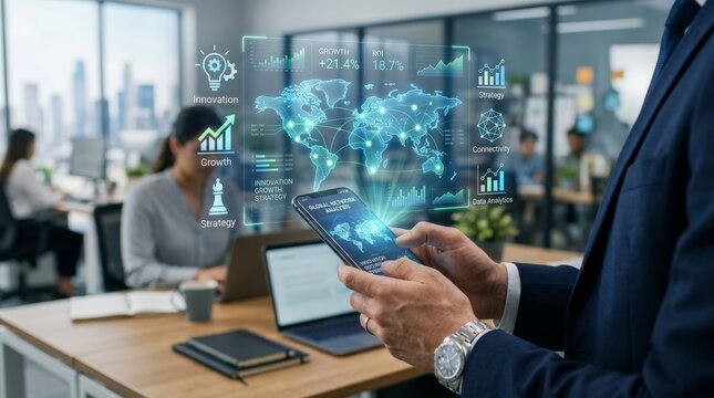 Businessman holding smartphone displaying global network analytics with holographic dashboard showing growth metrics, ROI data, and world map connectivity.