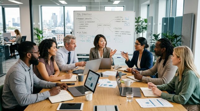 Diverse business team discussing Q4 strategy on whiteboard in modern office. Corporate planning, market growth analysis, UX workflow design, and collaborative decision-making concept.