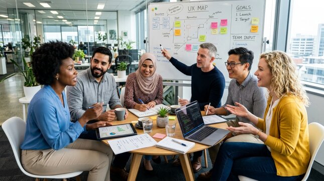 Diverse product development team collaborating on UX map whiteboard in modern office with laptops and tablets. User experience design, agile methodology, cross-functional teamwork.