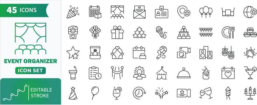 Event organizer icons set. Collection of line icons representing event planning, party, celebration, and organization services