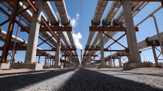 Industrial Gas Plant Infrastructure Featuring Extensive Pipeline Network, Steel Supports, and Visible Vapor Cloud