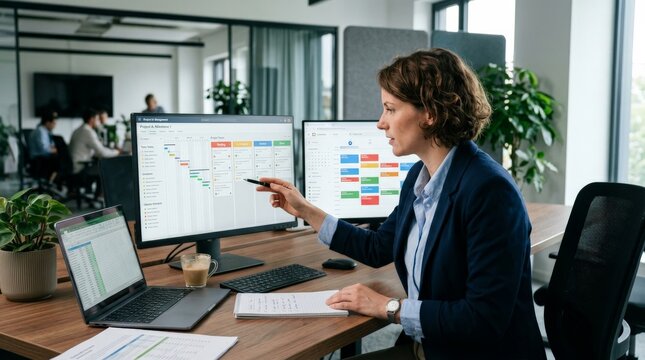 Professional woman analyzing project management dashboard and Gantt chart on multiple monitors at modern office desk. Business planning, team collaboration, workflow optimization.