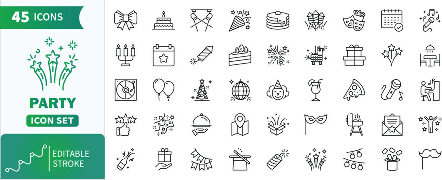 Party celebrations line icon set . Collection of depicting various party and celebration themes .editable stroke