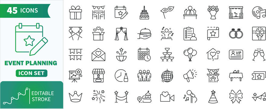 Event planning vector line icons set. Set of editable stroke vector icons representing elements for event planning and party organization