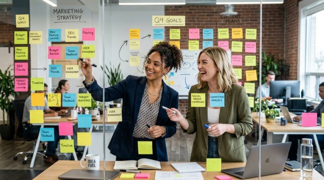 Two diverse female marketers collaborating on sticky note strategy board with Q4 goals and content plans. Agile team brainstorming, marketing planning, digital strategy development.
