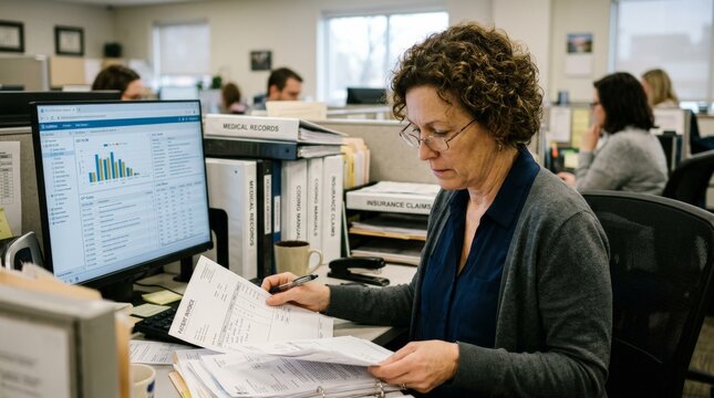Medical records administrator reviewing insurance claim documents at office desk with computer displaying healthcare data analytics.