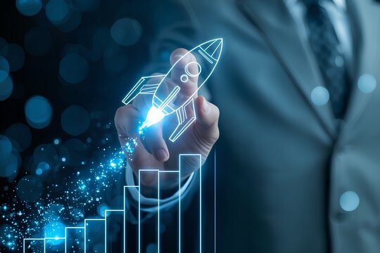 Startup growth concept with rocket launch and rising bar chart representing business acceleration performance metrics innovation strategy and data driven exponential success.