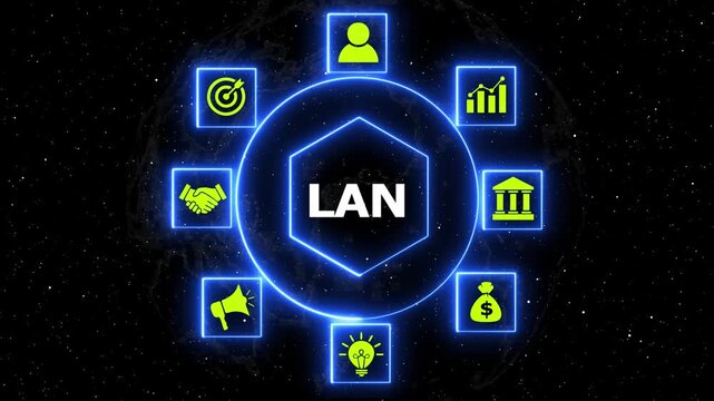 Lan local area network technology concept digital. Motion graphics displaying LAN network symbols. Dynamic glowing icons represent business connectivity in digital space.