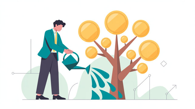 Businessman watering money tree, finance growth concept, investment illustration, wealth management isolated on Transparent Background