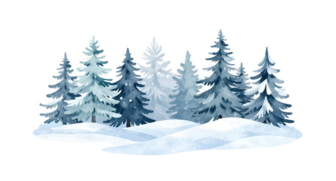 winter watercolor landscape, snowy pine forest, christmas tree scenery, cold nature illustration, snow covered trees, festive winter background, watercolor forest painting, frozen woodland scene, holi