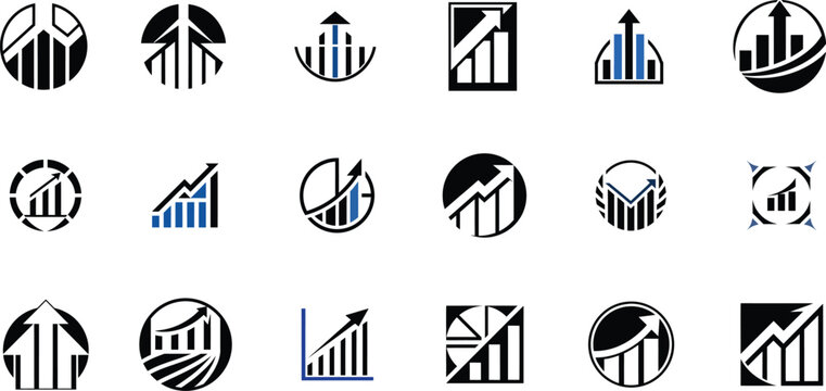 Collection of business growth and financial success logos, vector icon set for corporate branding and data visualization, Set of black and blue abstract financial graph icons
