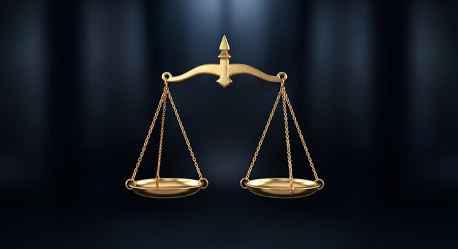 Golden Scales of Justice Symbol, Law and Balance Concept, Dramatic Lighting