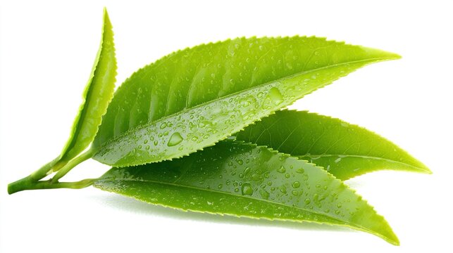 brew. Macro shot of fresh green tea leaves on white, highlighting natural texture and crisp detail. bar promotions, beverage menus, designed for food & beverage menus and cafe branding.