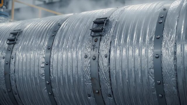 Industrial Metallic Pipe with Water Droplets and Condensation in Close Up Perspective with Steam, Manufacturing or