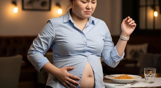 Woman feeling uncomfortable with bloated stomach after eating too much