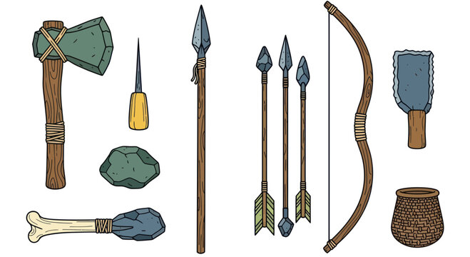Stone Age Tools: Axe, Spear, Bow, Arrows, Bone Tool, Stone, Pottery