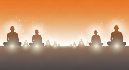 Fototapeta premium Buddhist Lent Banner Featuring Meditating Monks with Soft Glow Lighting, Calm Spiritual Atmosphere Gradient Background for Mindfulness and Peace