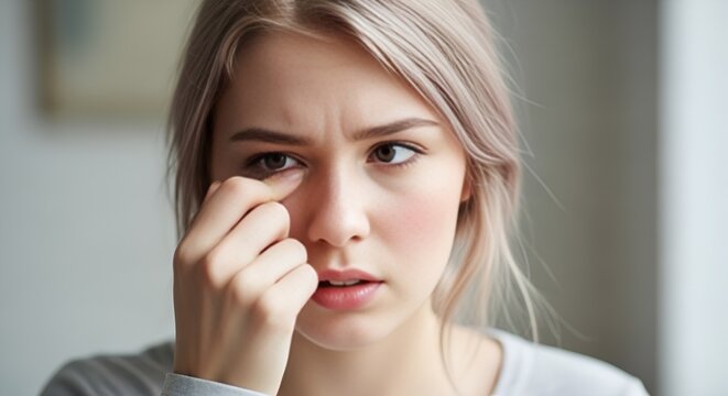 Young Woman with Tired Eyes and Dark Circles, Concerned Expression