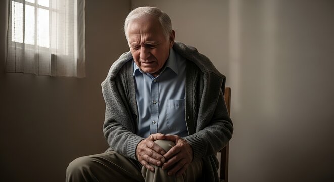 Elderly Man Suffering from Knee Pain, Sitting Alone in a Room