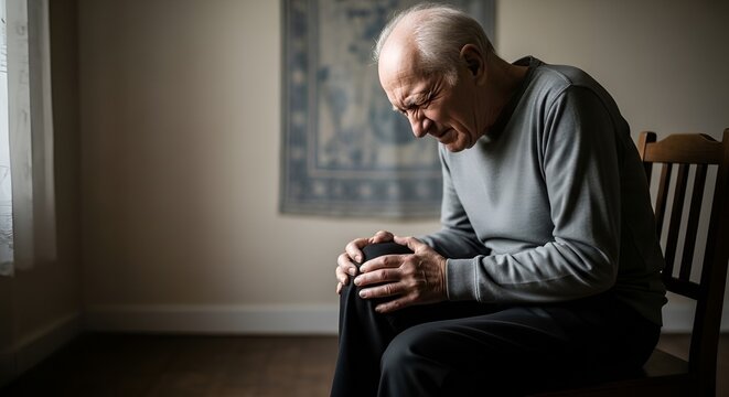 Elderly Man Suffering from Knee Pain, Sitting Indoors