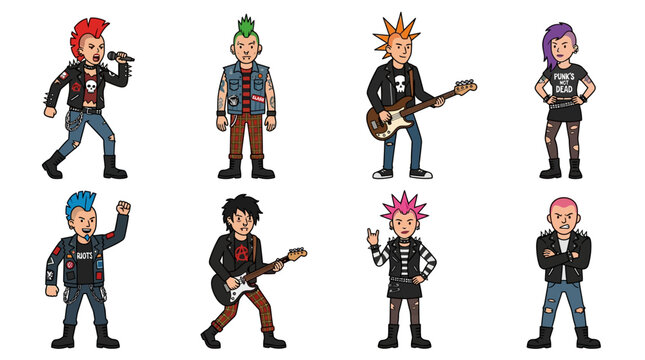 A vibrant collection of diverse punk rock subculture character