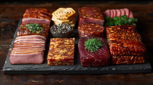 Dark slate platter showcasing neatly arranged blocks of terrine, sliced ham, and cured meats with herbs and spices, perfect for upscale menu design or catering ads.
