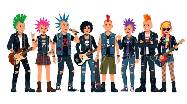 A group of punk rock musicians with vibrant mohawk hairstyles and studded leather jackets holding instruments ready to perform on stage.