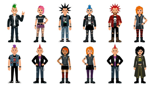 A diverse collection of cartoon punk characters, both men and women, showcasing iconic hairstyles, bold fashion choices, and rebellious accessories.