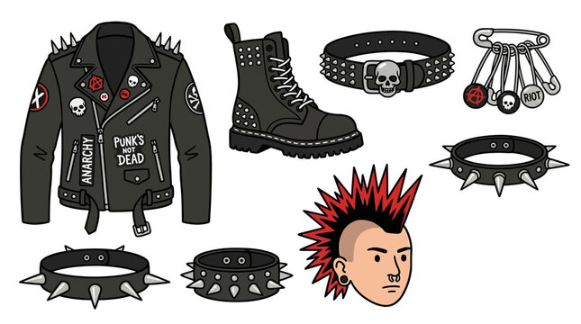 Iconic punk rock style elements including spiked jacket, boots, chokers, and mohawk hairstyle