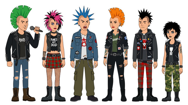 Six cartoon punk rockers with diverse mohawk hairstyles and edgy fashion stand together in solidarity