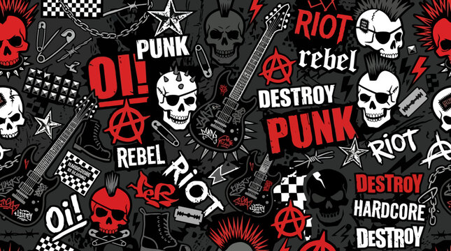 A collage of punk rock imagery featuring skulls, guitars, anarchy symbols, and loud typography creating a rebellious aesthetic.