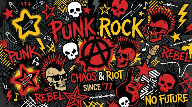 Vibrant punk rock music wallpaper featuring iconic skulls mohawks guitars anarchy symbols and graffiti art style rebellious graphic elements
