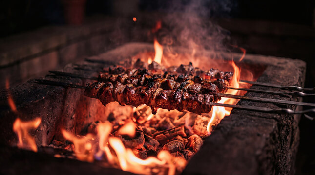 Juicy Meat Skewers Grilling Over Open Fire in Stone BBQ Pit