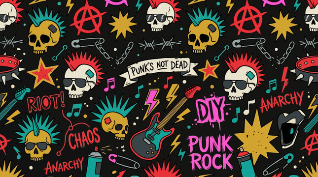 Vibrant punk rock skull and electric guitar pattern with anarchy symbols, safety pins, and music notes