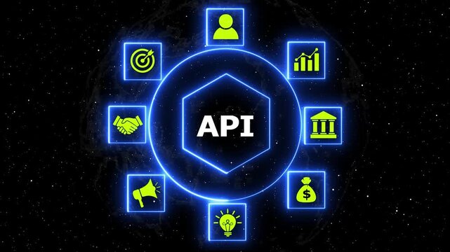 Application programming interface animation with icons. Dynamic animation of API in center with surrounding business and finance icons, bright blue glow, dark background.
