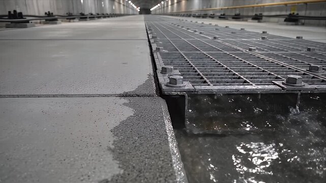 Industrial Water Drainage System Inside Tunnel with Grey Concrete Walls and Metal Grates Water Channel Flowing