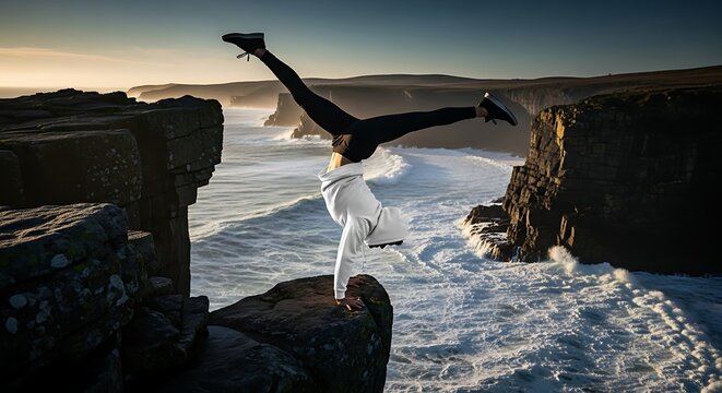 Athletic person performing a daring handstand on a steep cliff edge overlooking the ocean waves at sunset