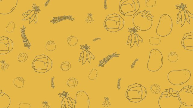 Animated fruit doodle pattern on warm yellow background video.