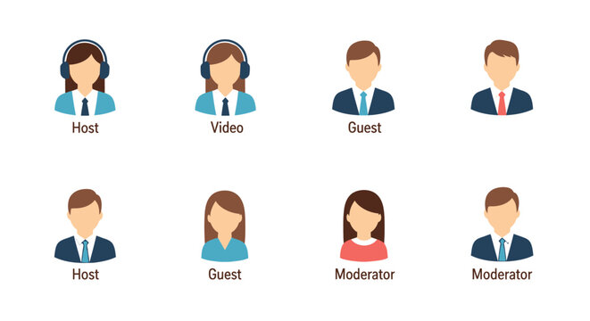 Professional vector avatar icon set for video conferencing and online meetings featuring roles for host, guest, and moderator with male and female characters in business attire.