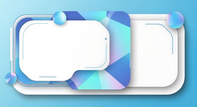 Futuristic abstract background featuring layered white rounded rectangular panels, iridescent geometric polygons, and floating spheres in shades of blue, teal, and purple.