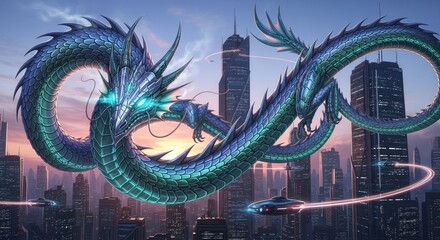 Fototapeta premium Majestic Dragon Soaring Above Modern Cityscape at Sunset.