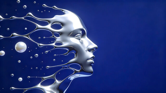 Liquid Metal Human Profile Portrait, Futuristic Chrome Face in Side View Digital Art