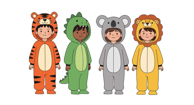 Four diverse children wearing cute animal costumes, standing and smiling on a white background.