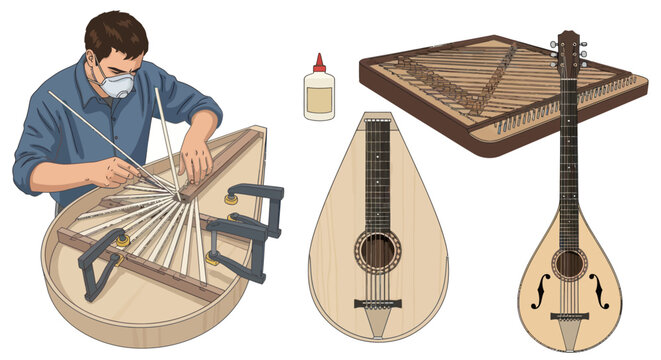 Crafting string instruments: man building a mandolin and other instruments