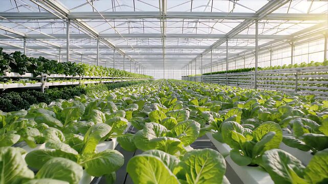 Lush Green Lettuce Growing Inside Advanced Hydroponic Farm Greenhouse Illuminated by Natural Sunlight Horticulture and