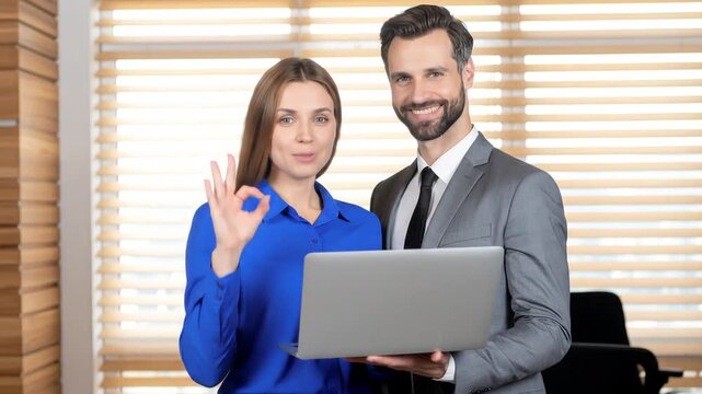 Business colleagues discussing project on laptop in modern office