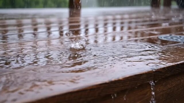 Wet Wooden Deck In Heavy Rain, Closeup Of Splashing Droplets Pooling On Aged Planks, Wood Grain And Texture Highlighted By Overcast Light, Soft Background Bokeh With Blurred Railing And Green Foliage,