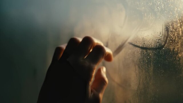Close-Up of a Hand Drawing a Smiley Face on a Steamy Window at Sunset